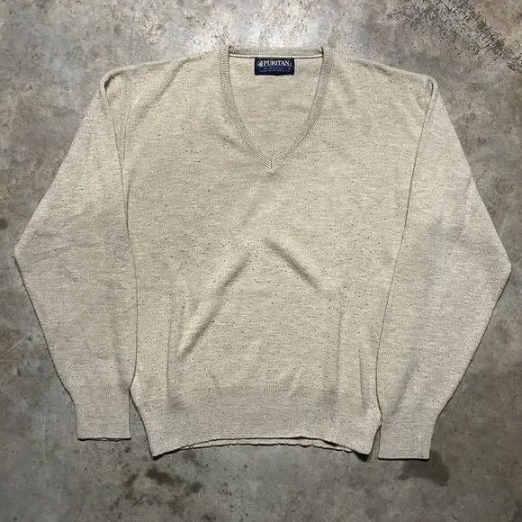 Vintage 80s Puritan Beige V-Neck Acrylic Sweater - Picture 1 of 3